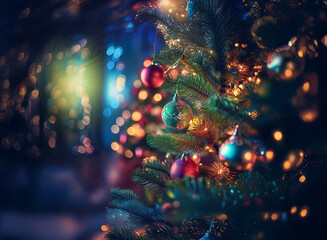 Poster - A beautifully decorated Christmas tree glows with warm lights and colorful ornaments against a softly blurred, festive background.  The scene evokes a cozy, magical winter night.