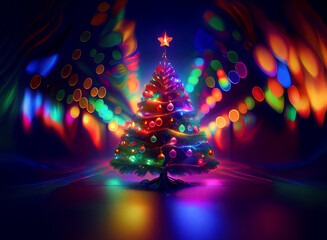 Poster - A vibrant Christmas tree glows with multicolored lights, encircled by a burst of bokeh effects in a dark, moody setting.  The scene evokes a sense of celebration and wonder.