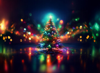 Poster - A vibrant Christmas tree, adorned with colorful ornaments, glows brightly against a bokeh backdrop of multicolored lights reflecting on a mirrored surface.  The star atop adds a magical touch.