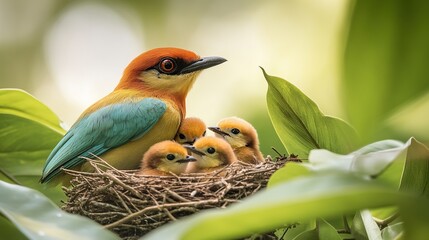 Wall Mural - A vibrant adult bird tenderly watches over its three fluffy chicks nestled in a leaf-laden nest.