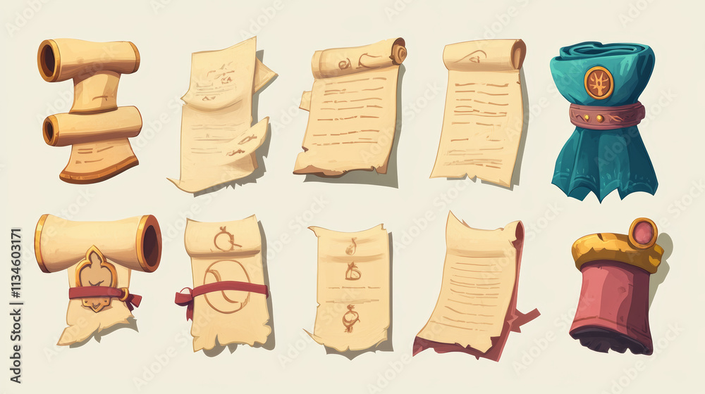 Ancient parchment scroll and paper page with text, ribbon and stamp ...