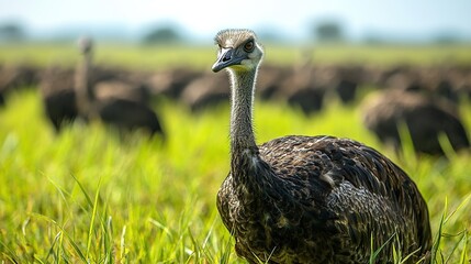 Sticker - A Rhea in a field of tall grass, looking directly at the camera, with other Rheas blurred in the background.