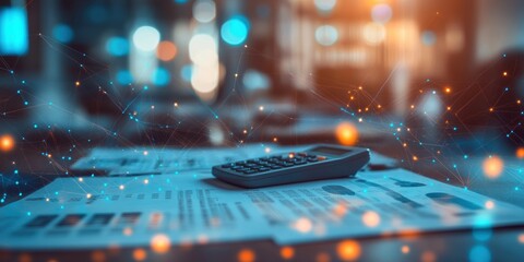 Poster - The image shows a closeup of a calculator on arranged printed sheets, symbolizing effective planning and strategic goal setting in a softly lit modern office, enhancing productivity and creativity