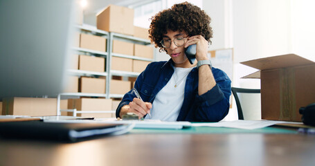 Aufkleber - Computer, phone call and writing with man in logistics company office for delivery or distribution. Communication, conversation and shipping with employee in workplace for supply chain planning