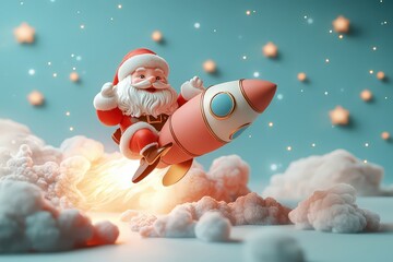 Wall Mural - Santa Claus riding on a rocket, with a pastel-colored background