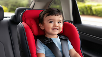 Happy toddler secured in a red car seat, enjoying a road trip, embodying safety and comfort on the go