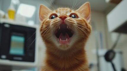 Wall Mural - Close-up of an orange kitten's open mouth in a veterinary clinic.