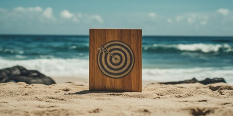 Poster - A wooden target symbolizing goals stands prominently on a sandy beach, with the vast ocean and clouds in the background, representing clarity and focus in self-improvement journeys.