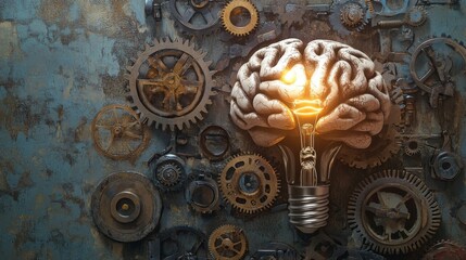Poster - Brain Lightbulb Concept with Gears on a Rusty Background