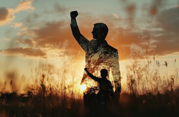 Poster - A determined figure raises a fist with a child beside them against a stunning sunset, symbolizing strength, vibrant dreams, and resilience for a bright future for all, especially future generations