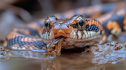 Wall Mural - Close-up of a snake eating prey in muddy water.