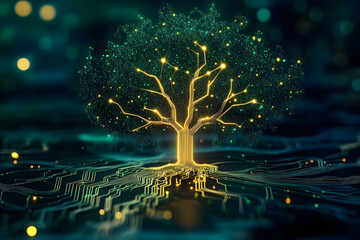 Poster - a digital tree with branches resembling circuit lines glows on a futuristic electronic background. s