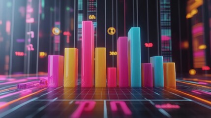 Wall Mural - Colorful 3D Bar Graph with Digital Effects and Data Visualizations