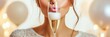 © shelbys - A woman is celebrating new year with champagne glass her lips puckered as if about to take a sip. Fictional Character Created By Generative AI
