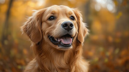 Wall Mural - Golden Retriever dog portrait in autumn forest.