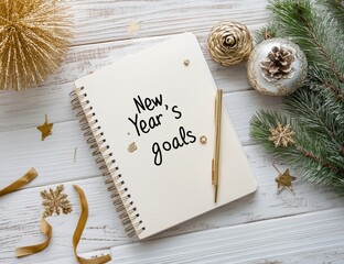 Poster - A cozy flat lay shows a wellused notebook with New Years goals surrounded by festive decorations like gold ribbons, pine branches, and shiny ornaments capturing the holiday spirit