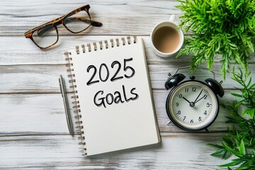 Aufkleber - A 2025 Goals notepad on a wooden table, beside coffee, glasses, a clock, and green plants, symbolizes thoughtful planning and a commitment to selfimprovement and growth in life