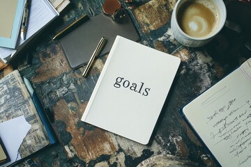 Poster - An organized workspace includes a goals notebook, a steaming coffee cup, colorful pens, and important documents, representing effective planning, selfimprovement, ambition, and creativity