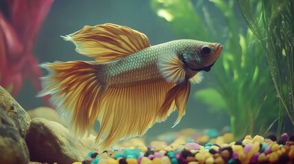 Poster - Beautiful Betta Fish Swimming Gracefully in Colorful Aquarium