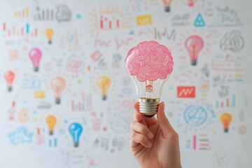 Poster - A hand holds a glowing light bulb with a brainlike pink structure, set against a colorful doodle backdrop symbolizing creativity, planning, and personal growth in achieving goals