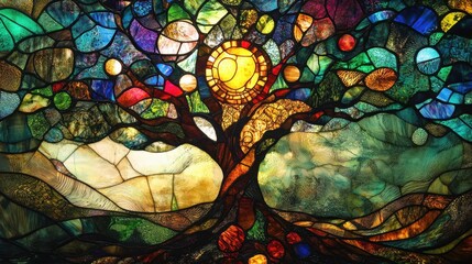 Poster - A mesmerizing stained glass composition featuring a tree with intricate detailing, surrounded by bright, abstract designs.