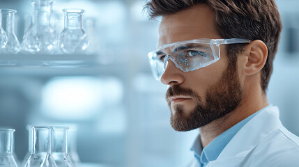 Aufkleber - Scientist in lab coat and safety glasses analyzing experiments with glassware, showcasing focus and determination in modern laboratory environment