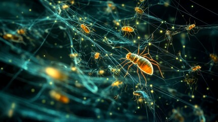 Entombed insects in luminous web, glowing dust.