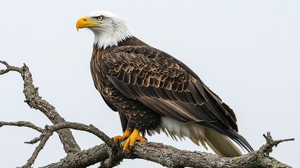 Wall Mural - Majestic bald eagle perched on a weathered branch against a muted sky, showcasing its powerful physique and intense gaze.