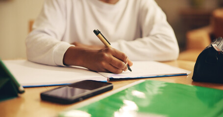Poster - Hands, education and child with notebook, writing and preparing for exam, growth and development for kid. Home, desk and practice for test, table and studying for knowledge, youth or learning of math
