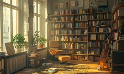 Canvas Print - Sunlit room, bookshelves, armchair, plants, scattered books.