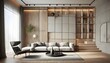 © Nexora - Modern living room with neutral tones features a large sofa, accent chair, and wooden wall paneling.