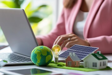 Poster - A dedicated professional woman is engaged in sustainable planning, using a laptop and surrounded by ecofriendly elements like a miniature house, energyefficient light bulb, solar panel, and globe