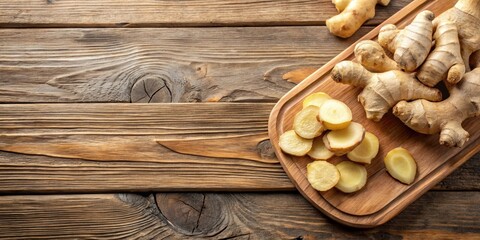 Wall Mural - Ginger root slices on a wooden cutting board , ginger, root, spice, herb, ingredient, slices, strips, food, healthy