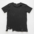 © VIRTUALISTIK - A plain black T-shirt with worn edges, slightly ripped at the bottom and stained in some places, on a white background