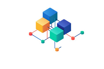 Poster - A vibrant arrangement of colorful 3D cubes interconnected by lines, showcasing a modern geometric design.