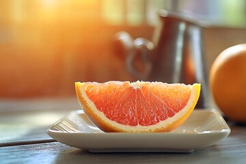 Wall Mural - A slice of juicy grapefruit on a plate in the morning light