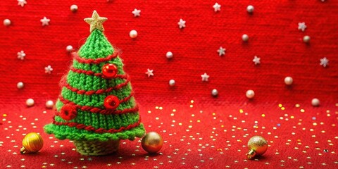 Poster - A knitted Christmas tree with red and gold ornaments, standing on a red background with gold and silver sparkles.