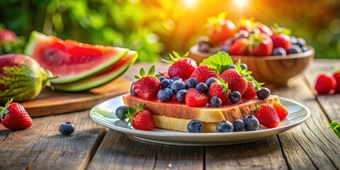 Aufkleber - A summery dessert with a slice of watermelon topped with fresh strawberries and blueberries on a rustic wooden table.