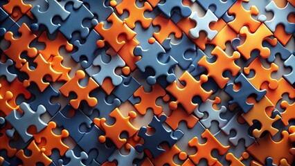 Poster - A close-up image of a jumbled puzzle comprised of interlocking orange and blue pieces, forming a seamless pattern of abstract shapes and colors.