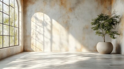 Poster - A serene interior space with natural light, featuring a potted plant in a minimalist setting.