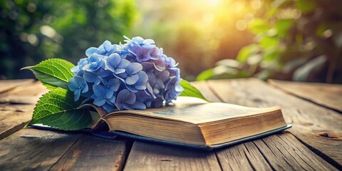 Aufkleber - A blue hydrangea bouquet rests on an open book with sunlight filtering through the green foliage in the background