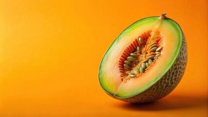 Poster - A half of a cantaloupe melon with visible seeds on a vibrant orange background, a refreshing summer treat.