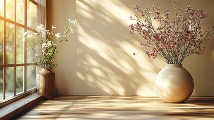 Poster - A serene interior with vases of flowers casting soft shadows by a sunlit window.