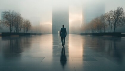 Wall Mural - A lone man walks in a foggy city plaza