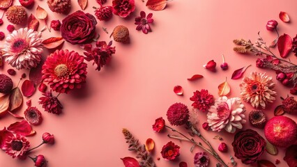 Poster - A vibrant and colorful arrangement of red and pink flowers, petals, and leaves on a soft coral background