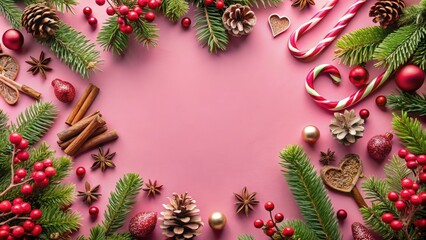 Poster - Festive Christmas Border with Candy Canes, Pine Cones, and Cinnamon Sticks on a Pink Background