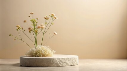 Poster - A Minimalist Composition of Delicate White Flowers on a Rough Stone Pedestal Against a Soft Beige Wall