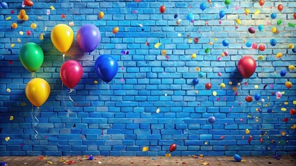 Poster - A festive blue brick wall adorned with colorful balloons and confetti, creating a cheerful and celebratory atmosphere.