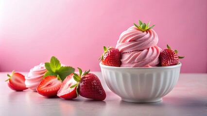 Poster - A bowl of pink frozen yogurt topped with a strawberry, surrounded by fresh strawberries and a pink background.