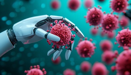 Poster - A robotic hand delicately holds a red virus, symbolizing the intersection of technology and health in battling infectious diseases.